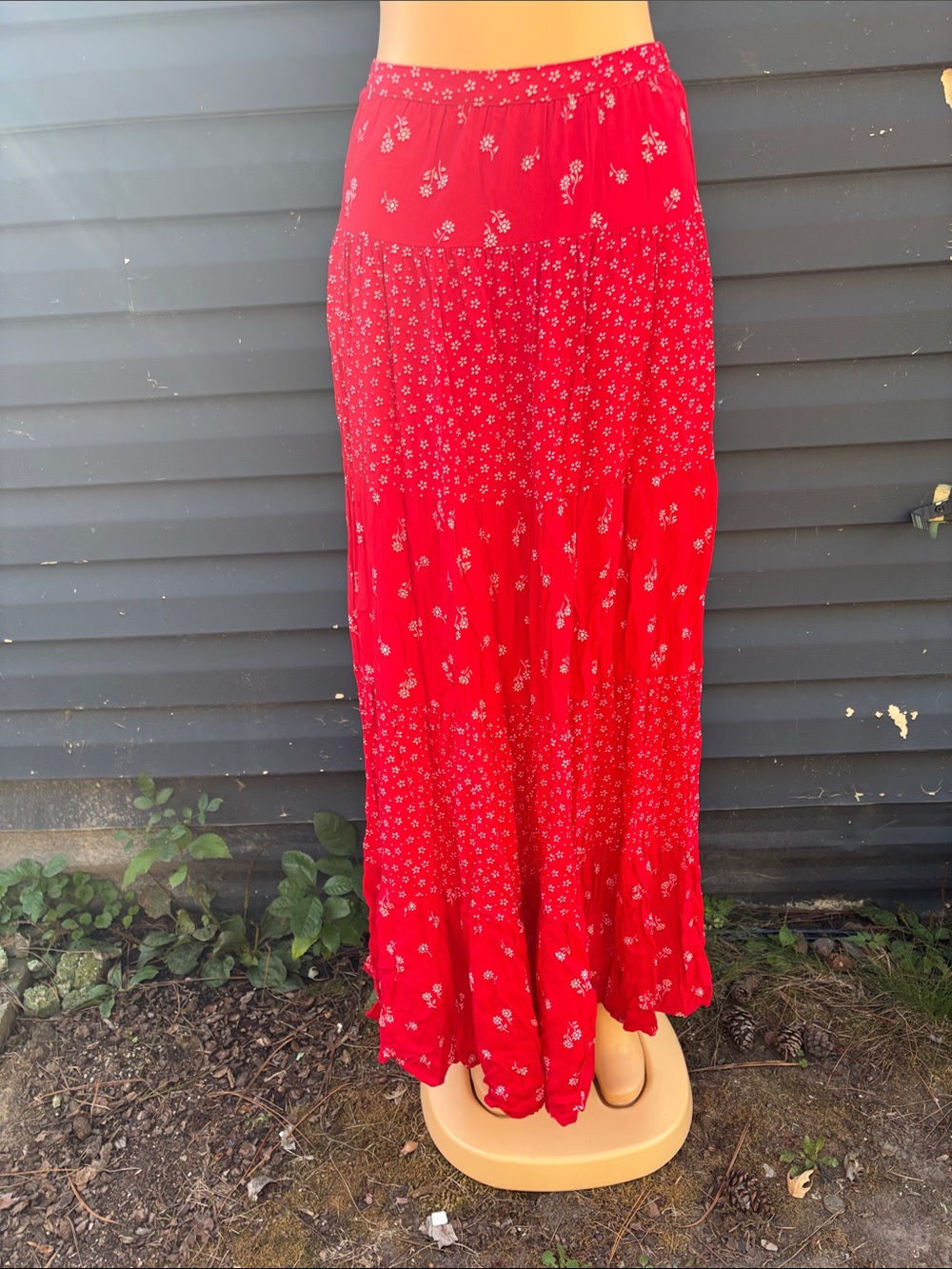 Altar'd State Red Floral Tiered Maxi Skirt
